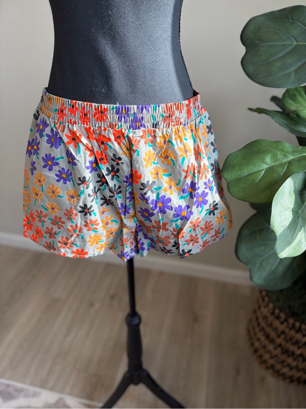 Urban Renewal Elastic-Waist Floral Shorts in Orange, Purple, Yellow, Black